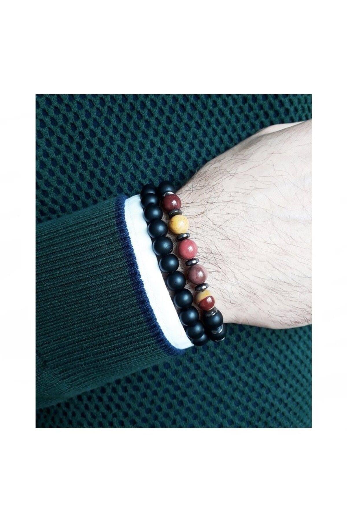 Oniks - Jasper - Hematit Erkek Doğal Taş Ikili Bileklik
