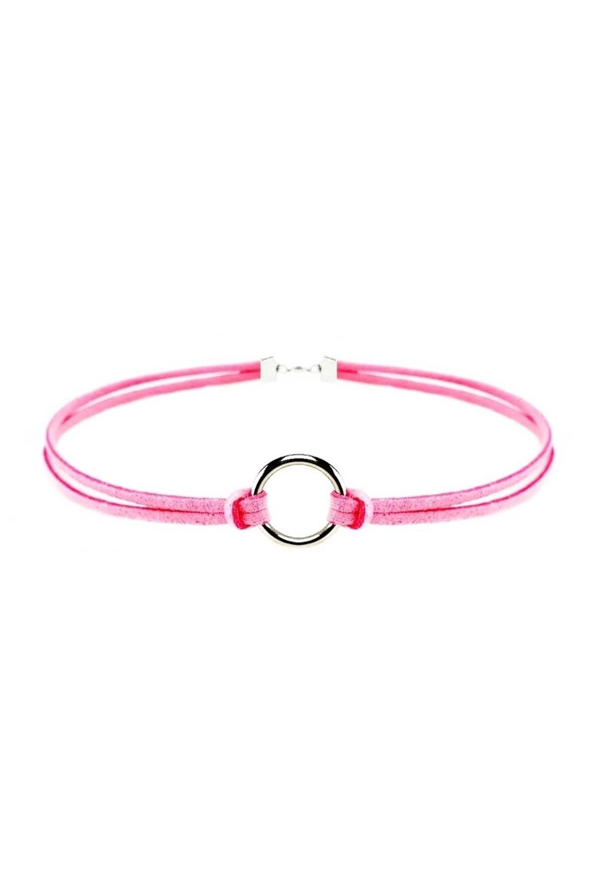Pembe Renk Kadın Süet Round Choker