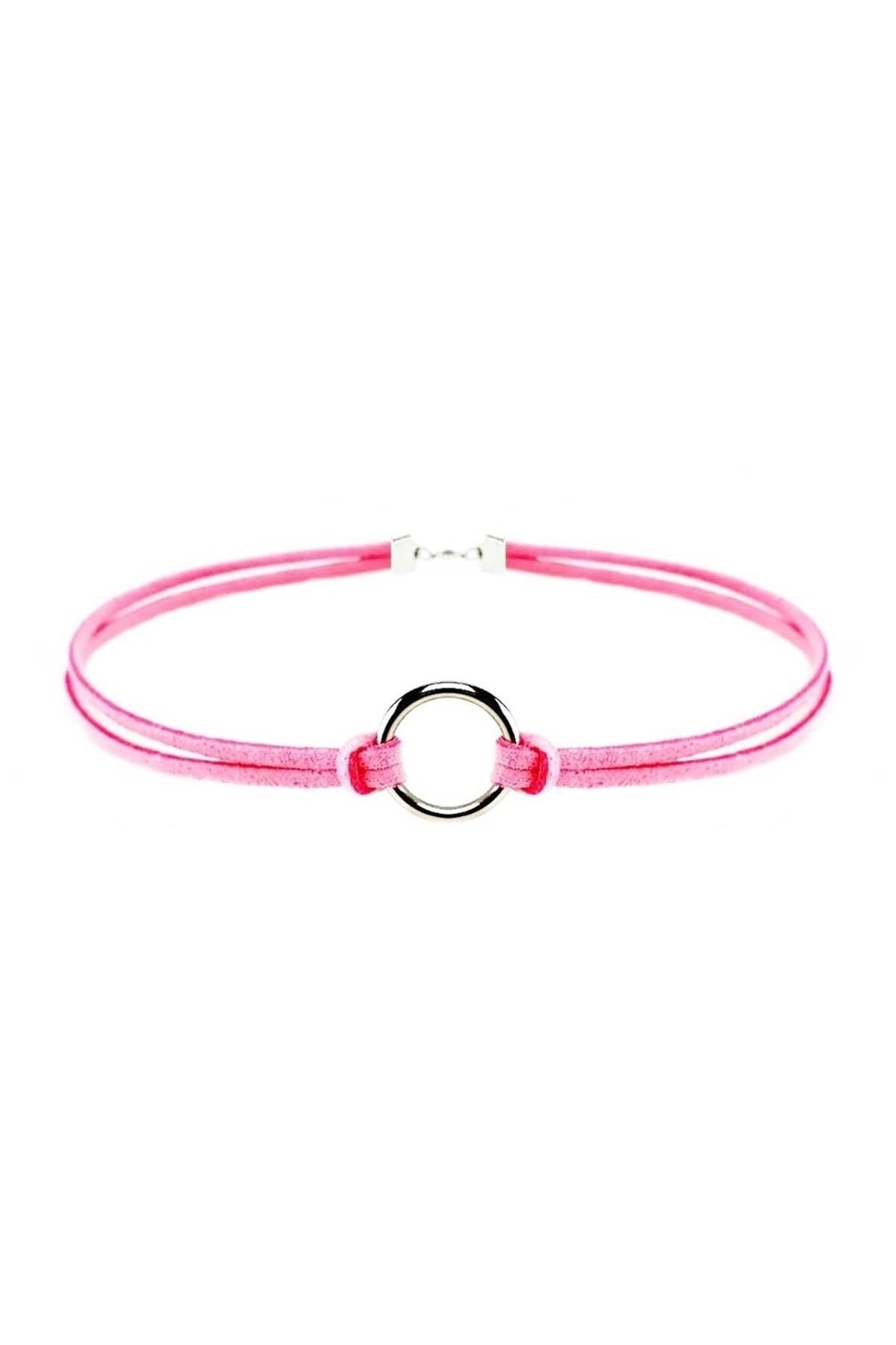 Pembe Renk Kadın Süet Round Choker