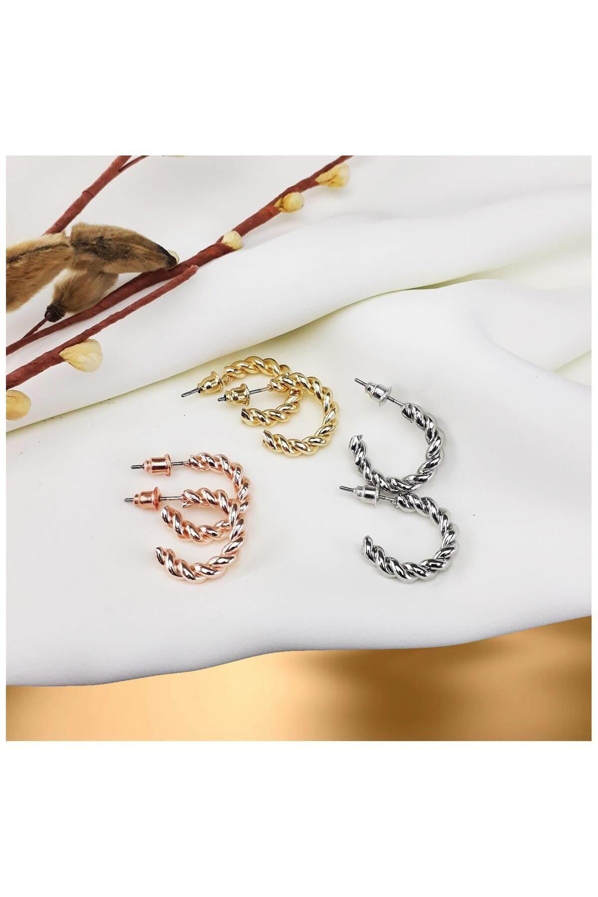 Rose & Gümüş & Gold Kadın Üçlü Halka Küpe
