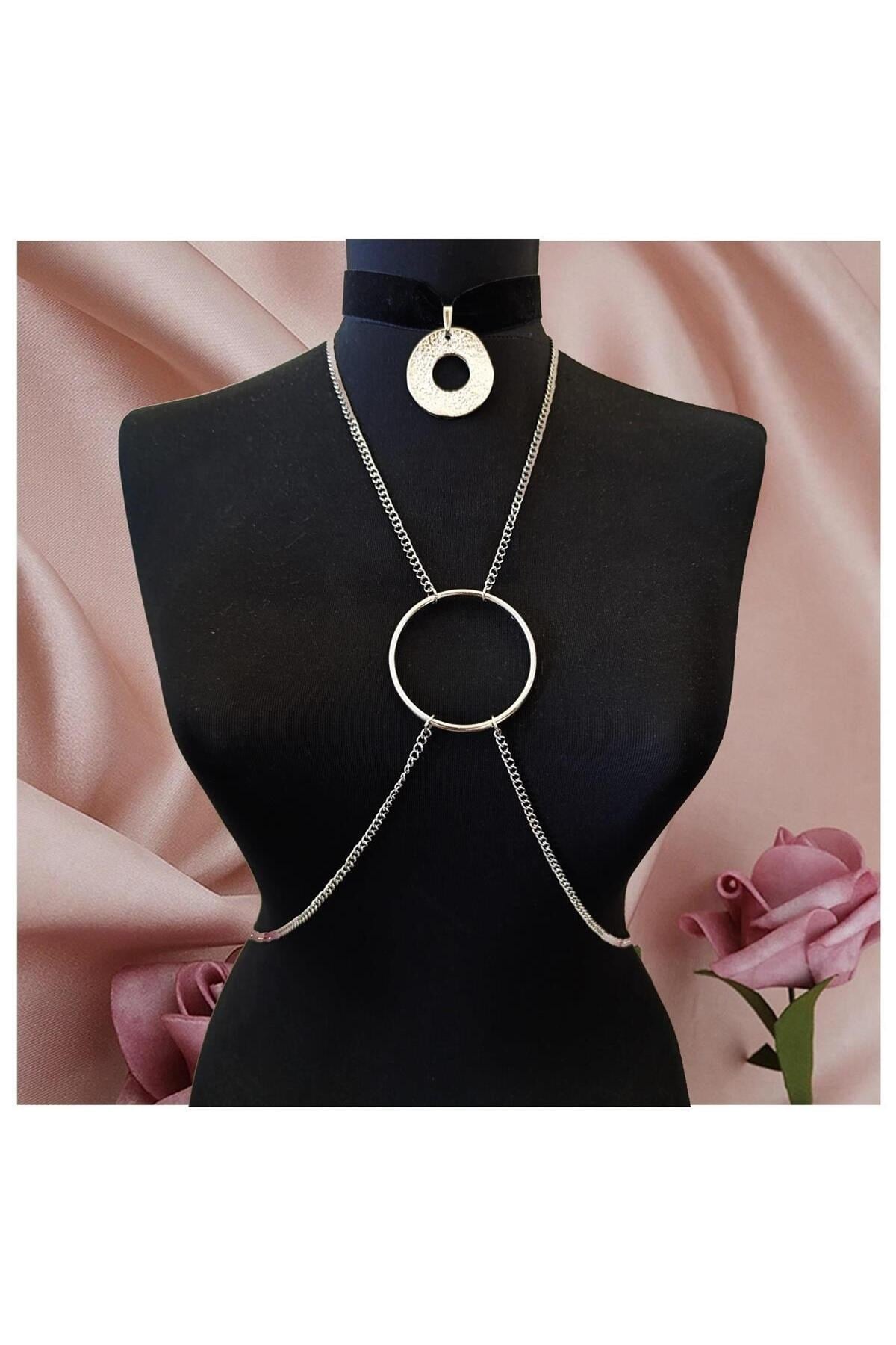 Siyah Kadife Choker - İkili Kadın Vücut Zinciri