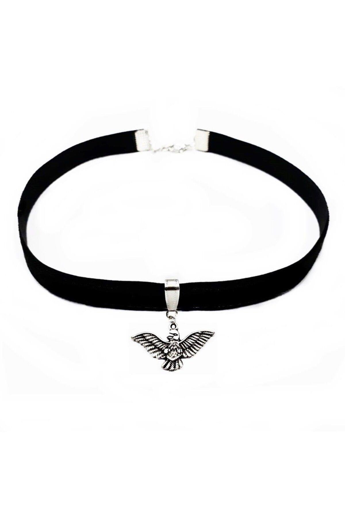 Siyah Kadife Kadın Albatros Kuşu Tasma Choker Kolye