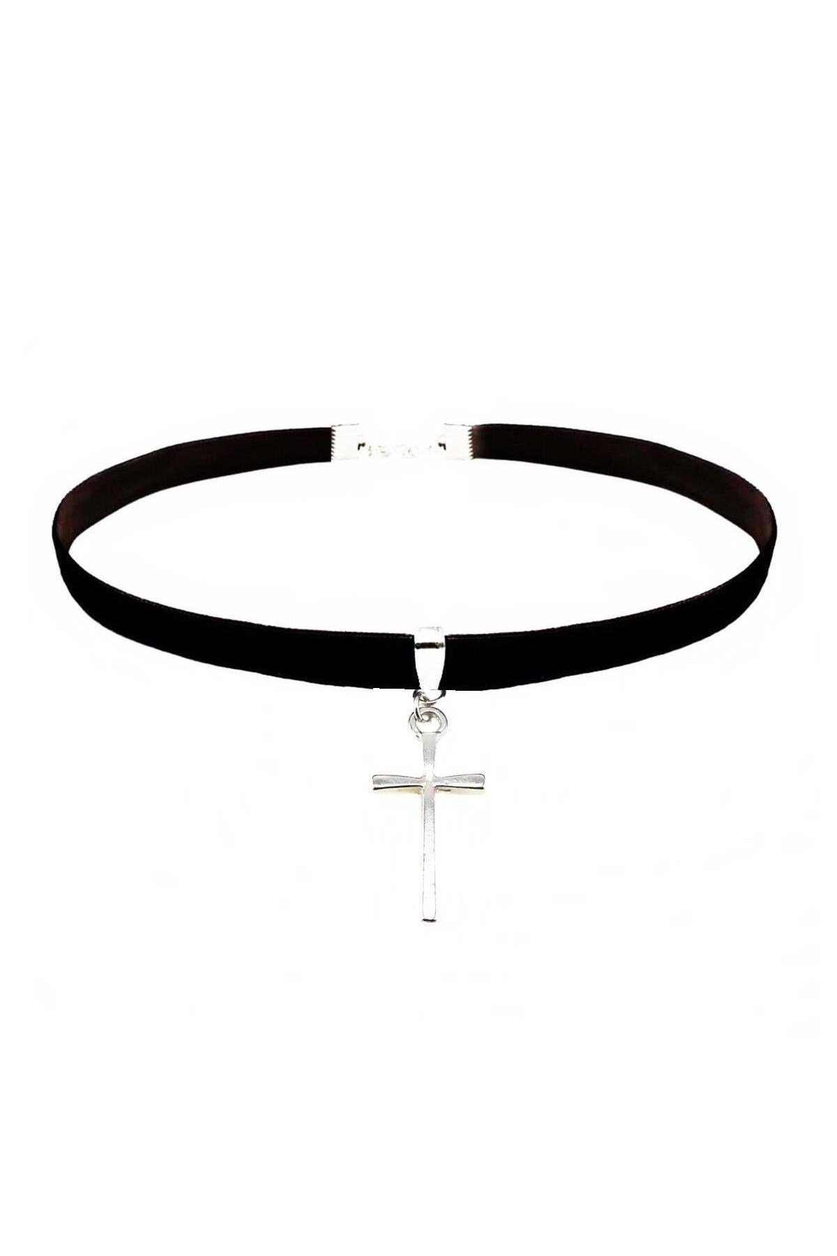 Siyah Kadife Kadın Haç Choker Kolye