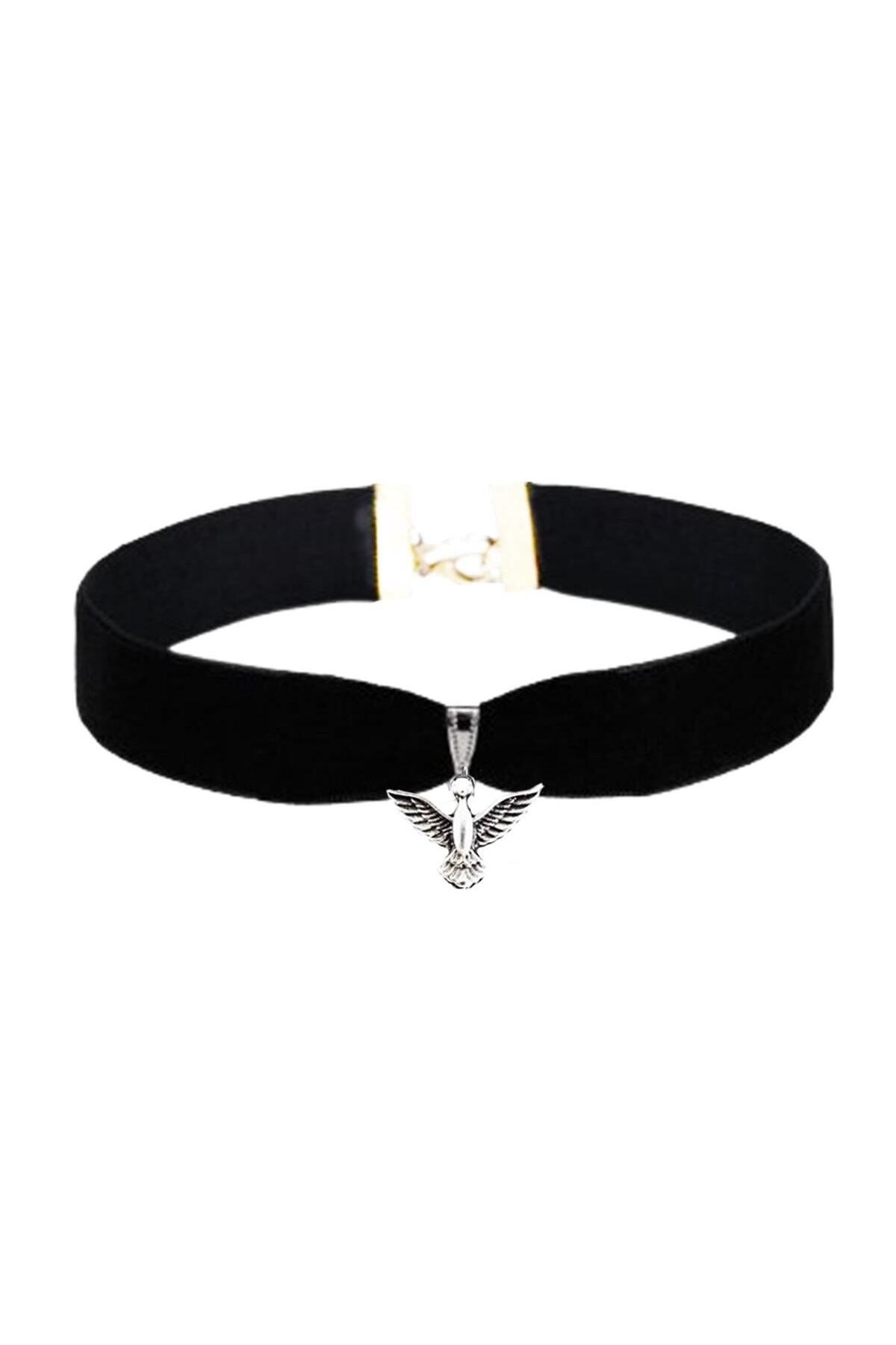 Siyah Renk Kadife Kadın Albatros Kuşu Choker Tasma Kolye