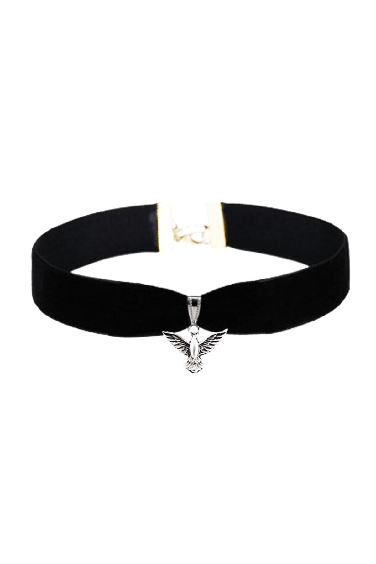 Siyah Renk Kadife Kadın Albatros Kuşu Choker Tasma Kolye