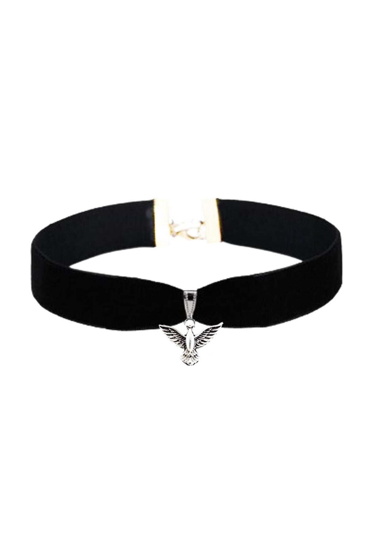 Siyah Renk Kadife Kadın Albatros Kuşu Choker Tasma Kolye