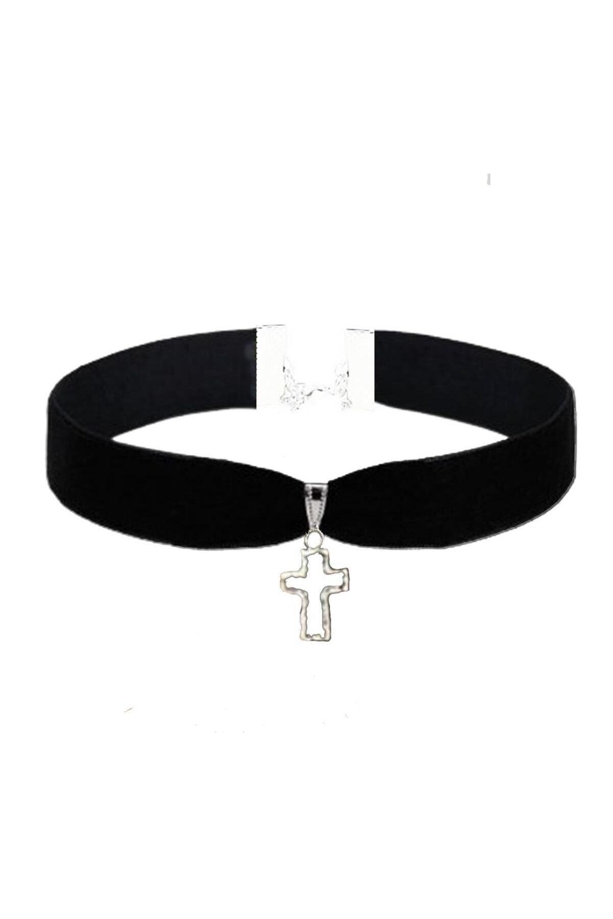 Siyah Renk Kadife Kadın Haç Choker Tasma Kolye