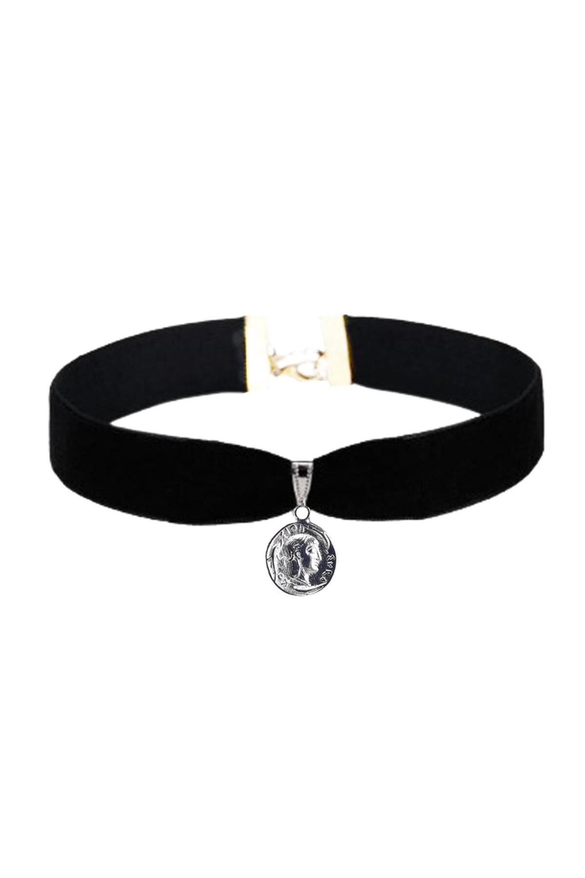 Siyah Renk Kadife Kadın Madalyon Choker Kolye