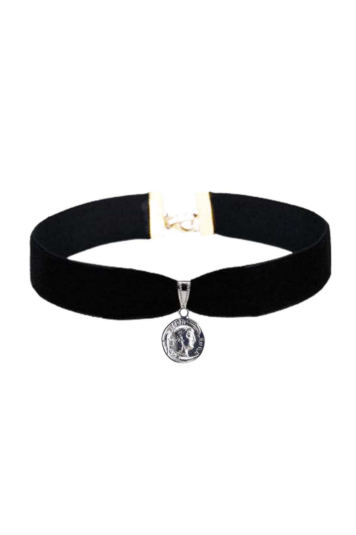 Siyah Renk Kadife Kadın Madalyon Choker Kolye
