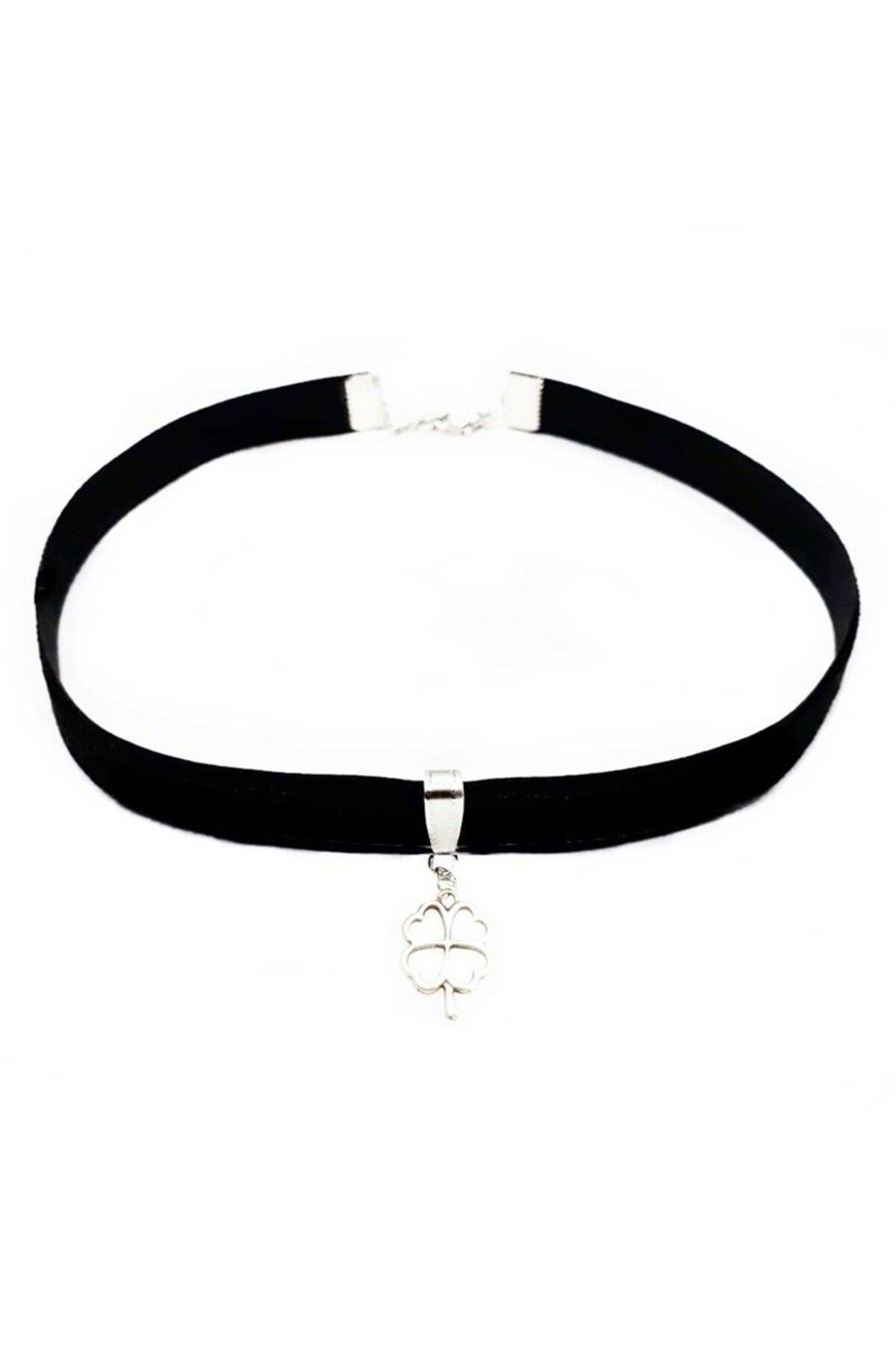 Siyah Renk Kadife Kadın Yonca Choker Kolye