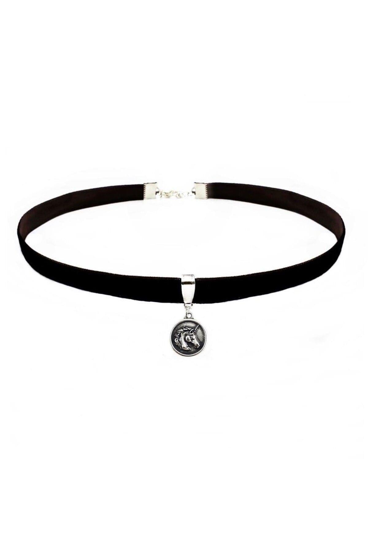 Siyah Renk Kadife Unicor - Tek Boynuzlu At - Choker Kolye