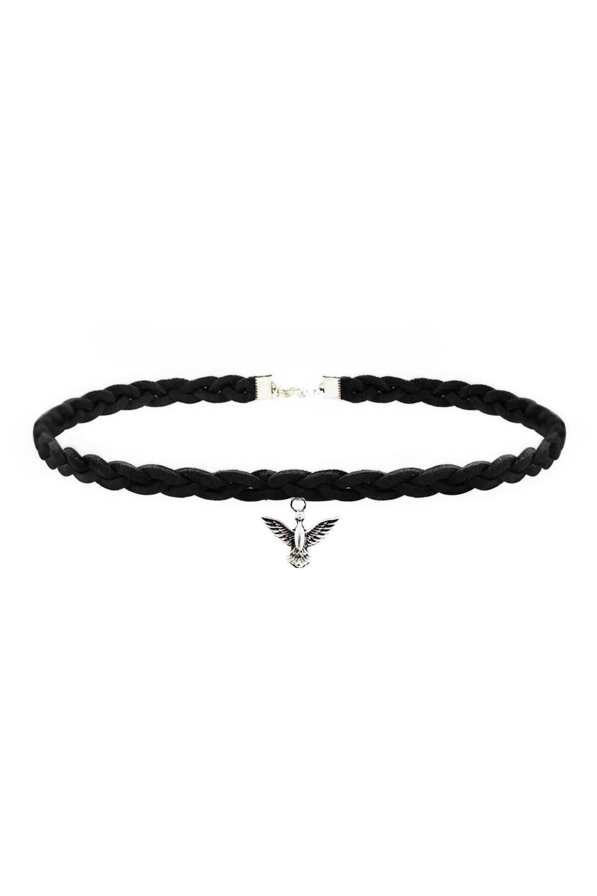Siyah Süet Saç Örgü Albatros Kuşu Kadın Choker