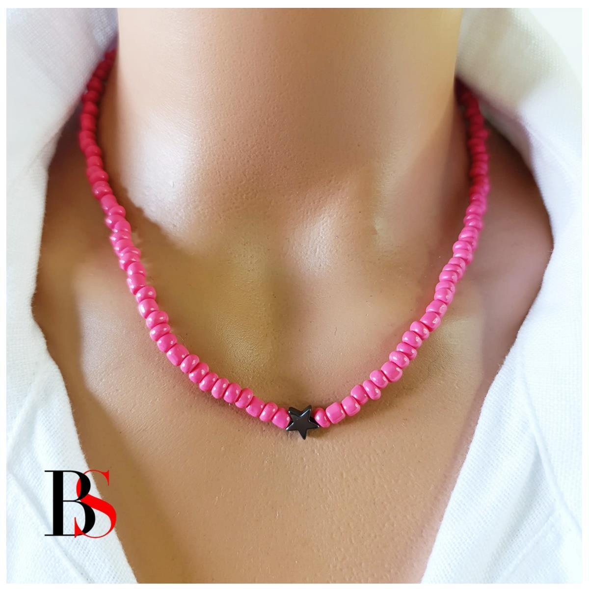 Yıldız Hematit Doğal Taş - Pembe Kum  Boncuk Kadın Kolye