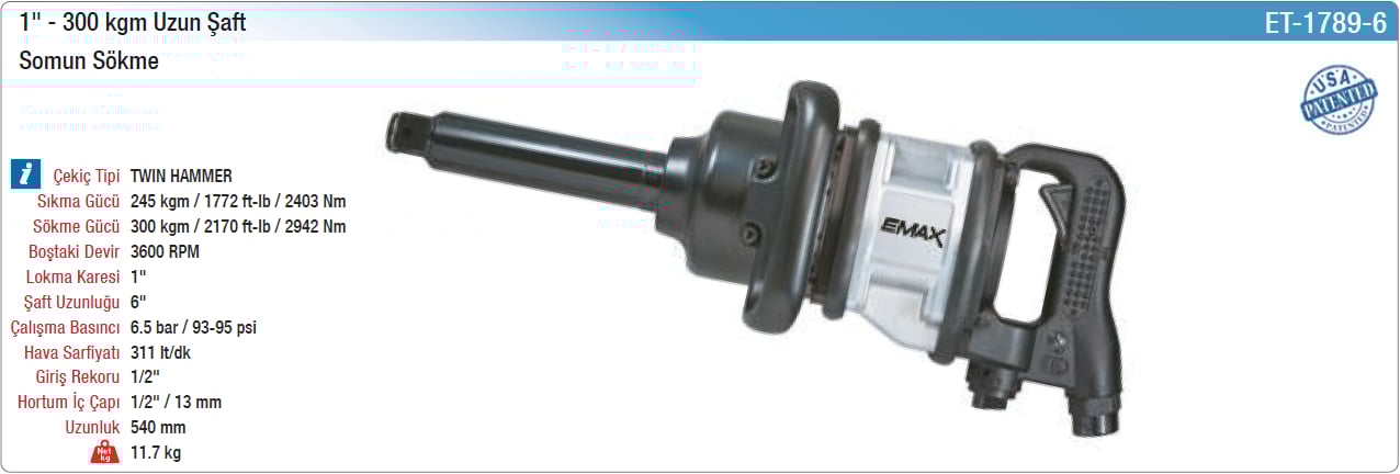 Emax 1'' 300Kgm Uzun Şaft Somun Sökme