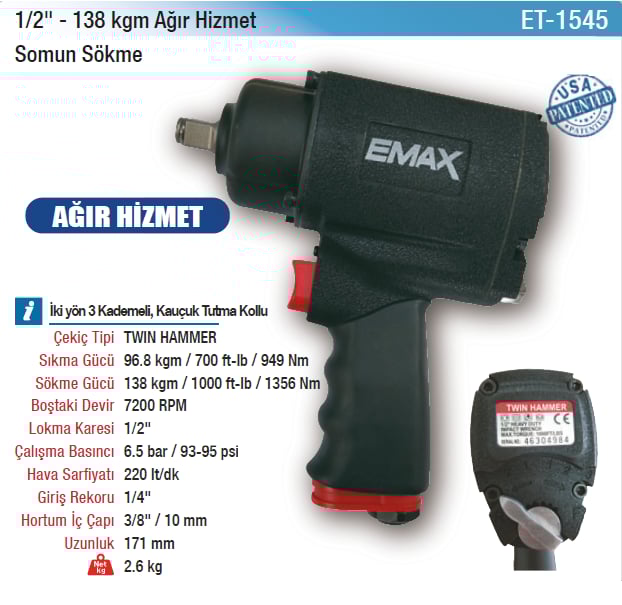 Emax 1/2 138Kgm Ağır Hizmet Somun Sökme