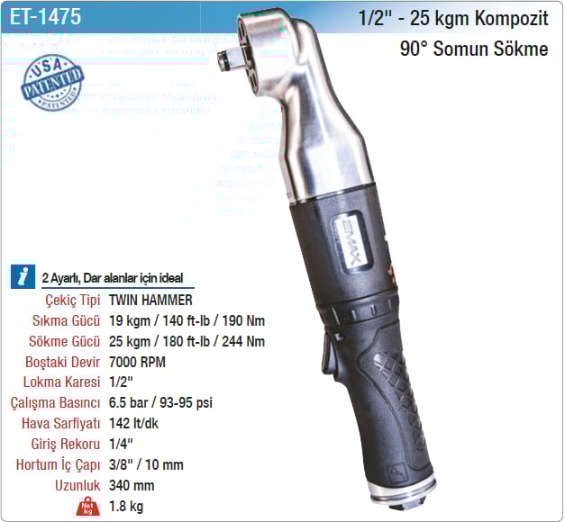 Emax 1/2 25Kgm Kompozit 90° Somun Sökme