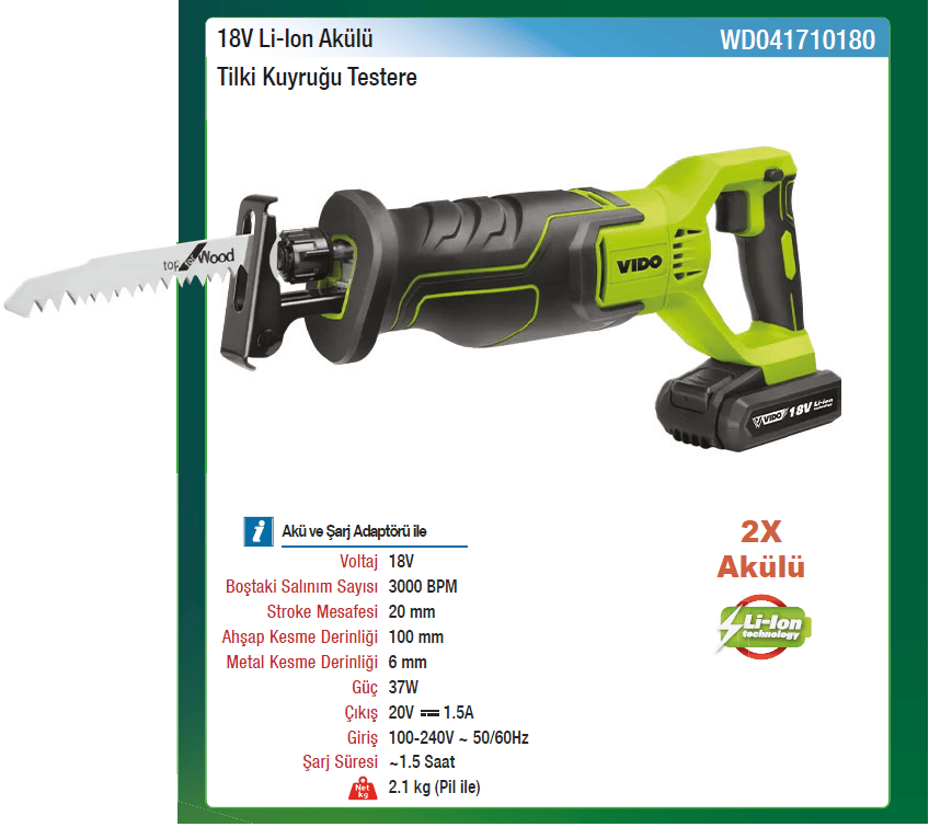 Vıdo 18V Li-Lon Akülü Tilki Kuyruğu Testere