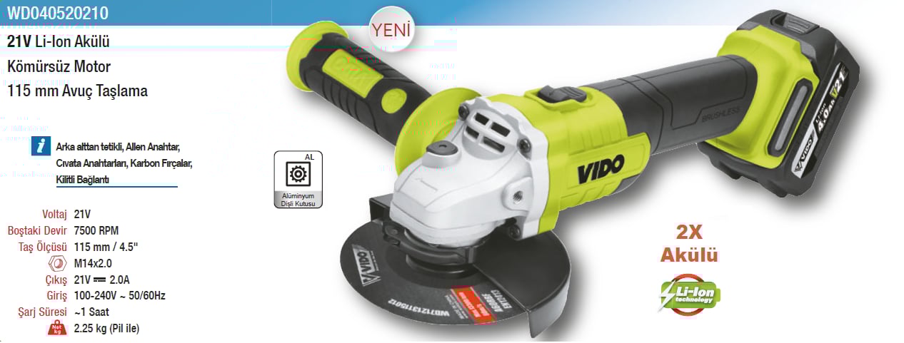 Vıdo 21V Li-Lon Akülü Kömürsüz Motor 115Mm Avuç Taşlama