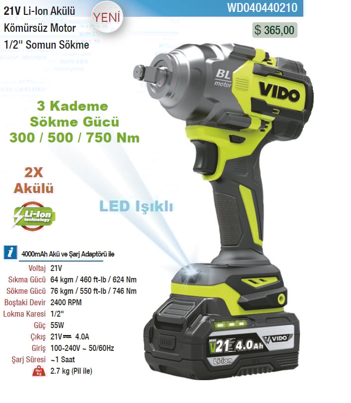 Vıdo 21V Li-Lon Kömürsüz Motor 1/2 Somun Sökme