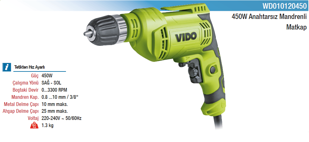 Vıdo 450W Anahtarsız Mandrenli Matkap