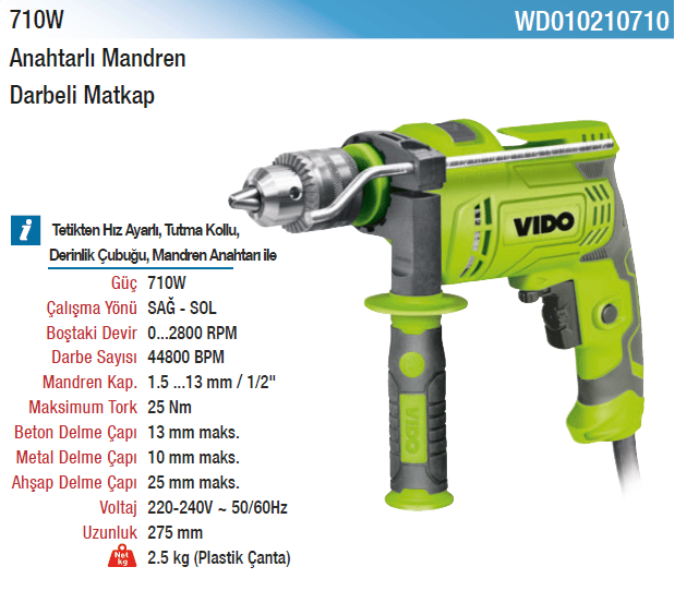 Vıdo 710W Anahtarsız Mandrenli Darbeli Matkap