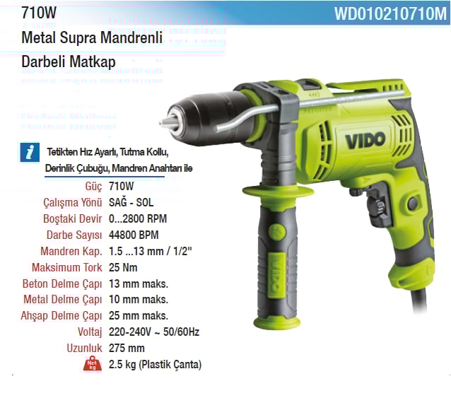 Vıdo 710W Metal Supra Mandrenli Darbeli Matkap