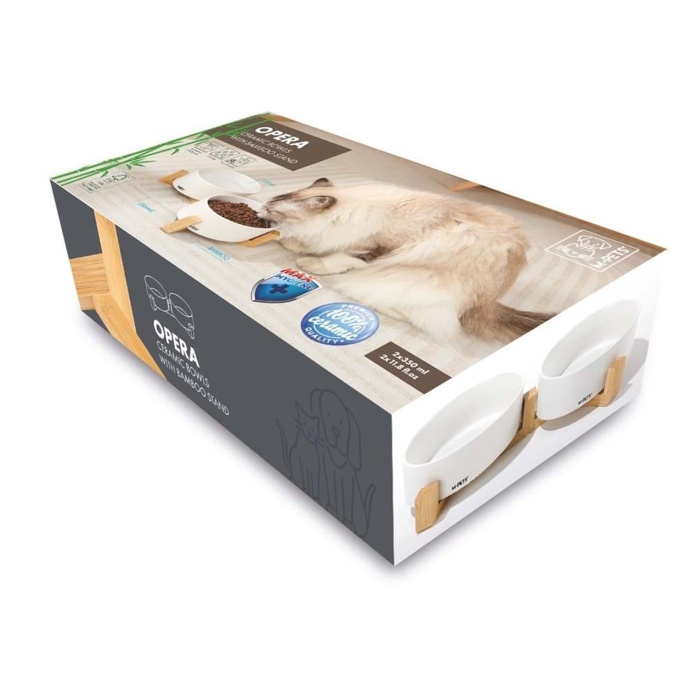 M-Pets Opera Bambu Standlı Seramik Kedi Mama ve Su Kabı 2x350 ml Beyaz