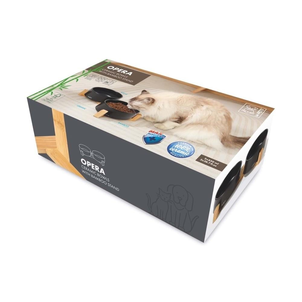 M-Pets Opera Kedi ve Köpekler için Bambu Standlı Seramik Mama ve Su Kabı 2x850 ml Siyah