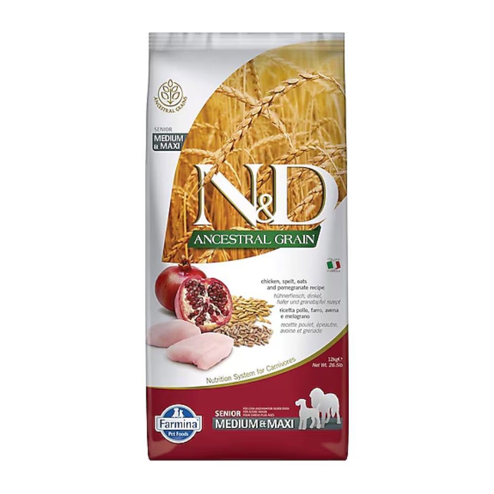 N&D Ancestral Grain Düşük Tahıllı Senior Tavuklu ve Narlı 12 kg Orta ve Büyük Irk Yaşlı Köpek Maması