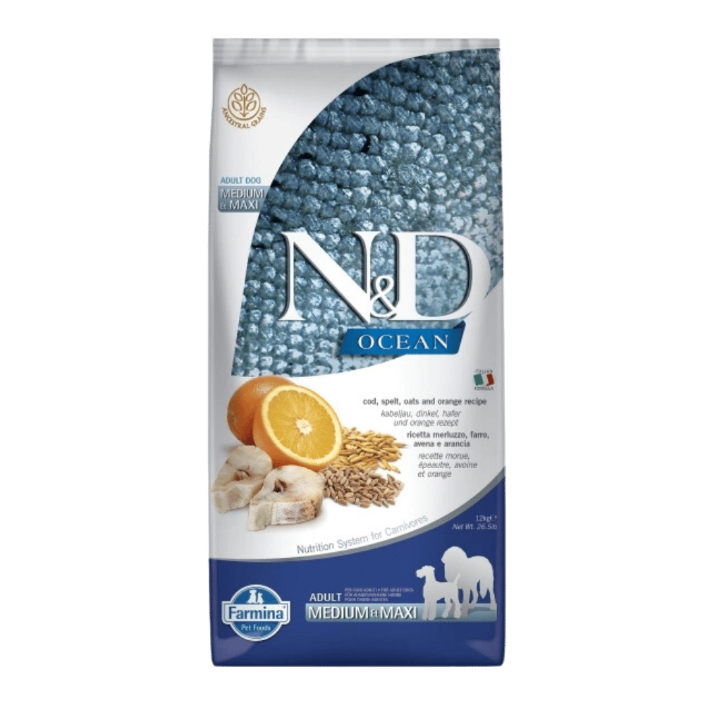 N&D Ocean Morina Balıklı ve Portakallı Orta ve Büyük Irk Ata Tahıllı Yetişkin Köpek Maması 12kg