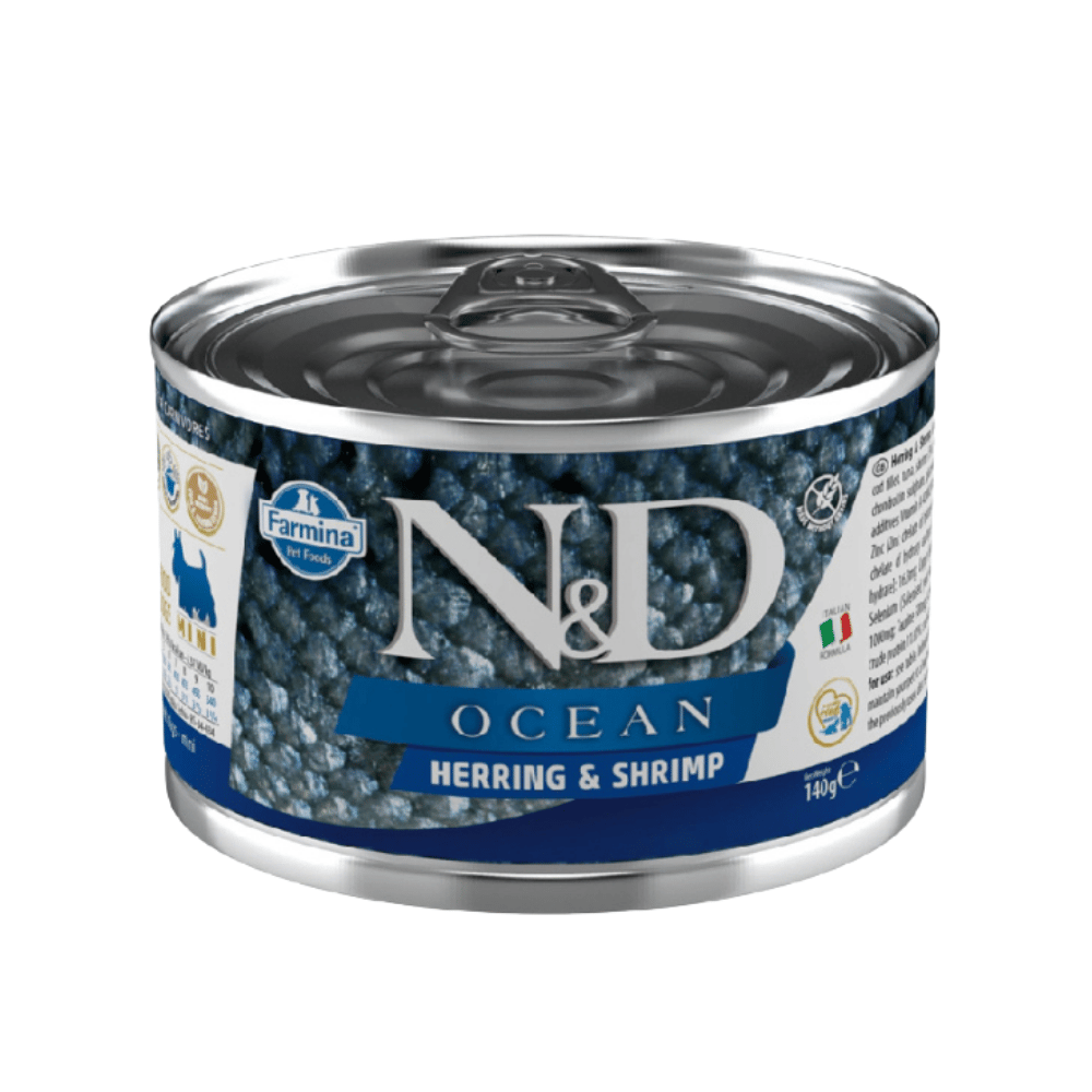 N&D Ocean Ringa Balıklı ve Karidesli Tahılsız Küçük Irk Yetişkin Köpek Konservesi 140gr
