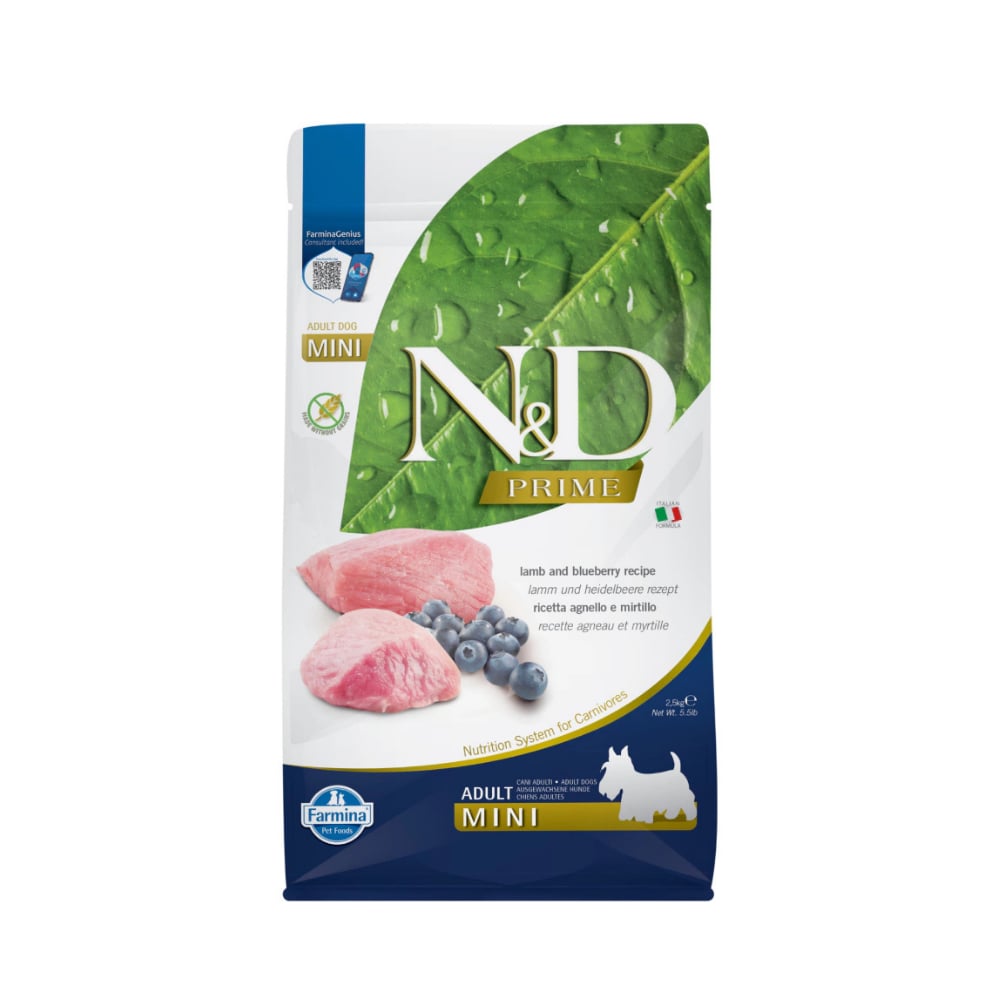 N&D Prime Kuzu Etli ve Yaban Mersinli Küçük Irk Tahılsız Yetişkin Köpek Maması 2.5 kg