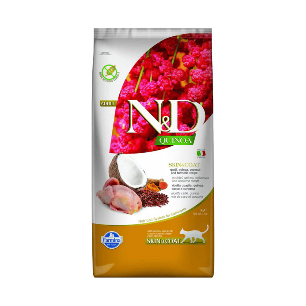 N&D Quinoa Skin Coat Hindistan Cevizli Bıldırcınlı Tahılsız Yetişkin Kedi Maması 5Kg