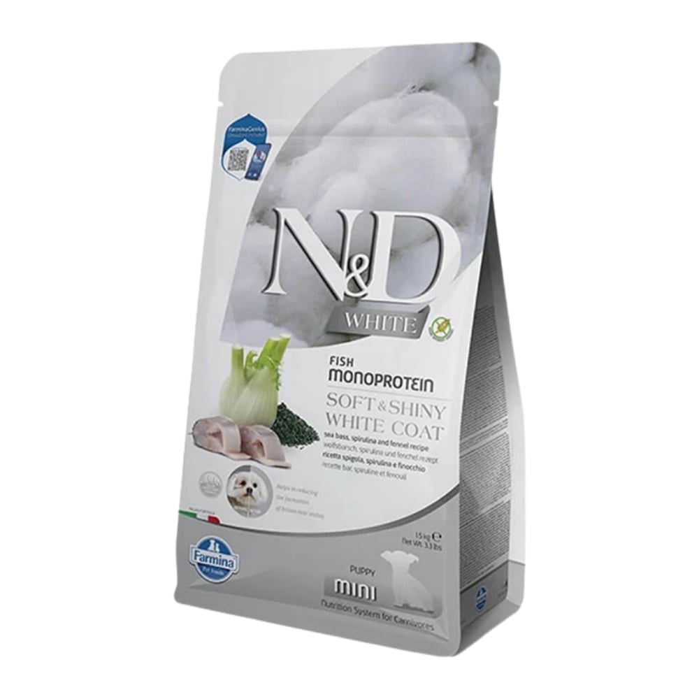 N&D White Coat Mini Puppy Levrek ve Spirulina Beyaz Tüylü Mini Irk Tahılsız Yavru Köpek Maması 1,5 Kg