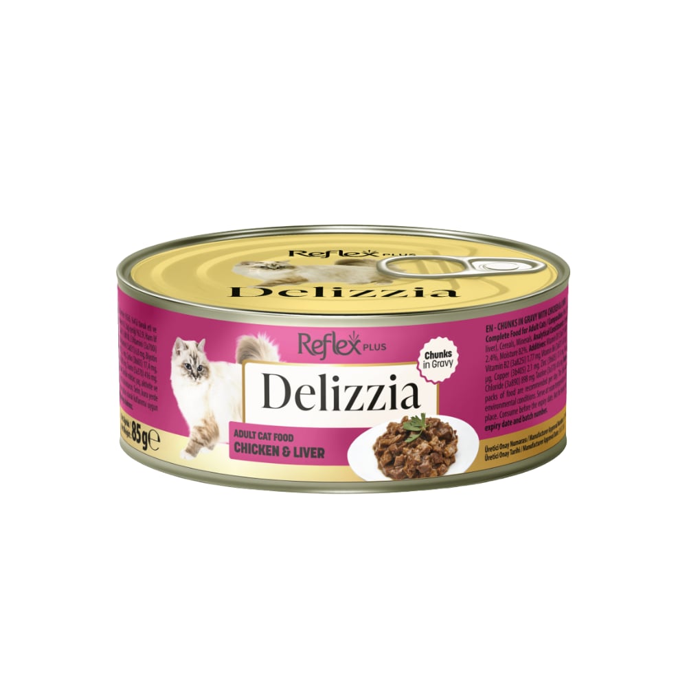 Reflex Plus Delizzia Sos İçinde Tavuklu ve Ciğerli Parça Etli Yetişkin Kedi Konservesi 85 gr