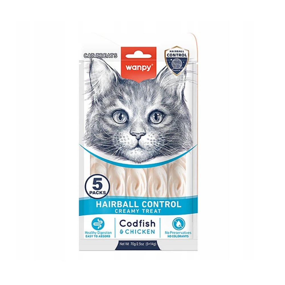 Wanpy Hairball Control Morina Balığı ve Tavuklu Fonksiyonel Krema Kedi Ödülü 5x14gr