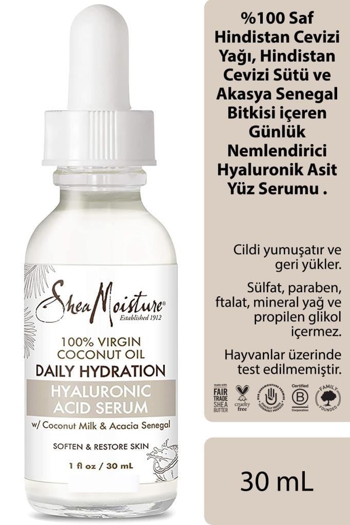 Shea Moisture %100 Saf Hindistan Cevizi Yağlı Günlük Nemlendirici Hyaluronik Asit Yüz Serumu 30ML