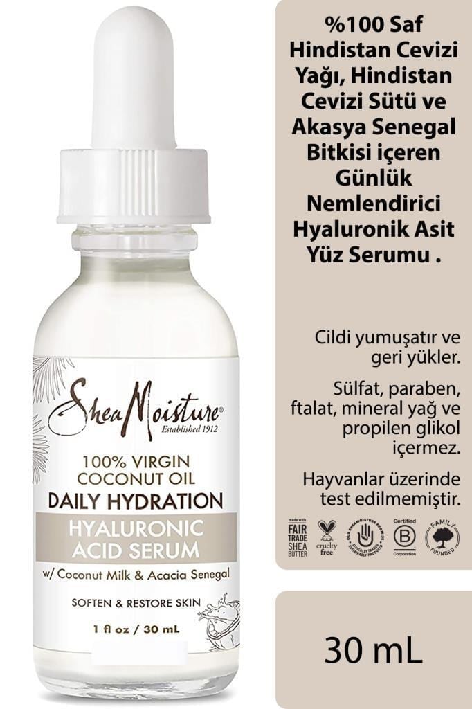 Shea Moisture %100 Saf Hindistan Cevizi Yağlı Günlük Nemlendirici Hyaluronik Asit Yüz Serumu 30ML