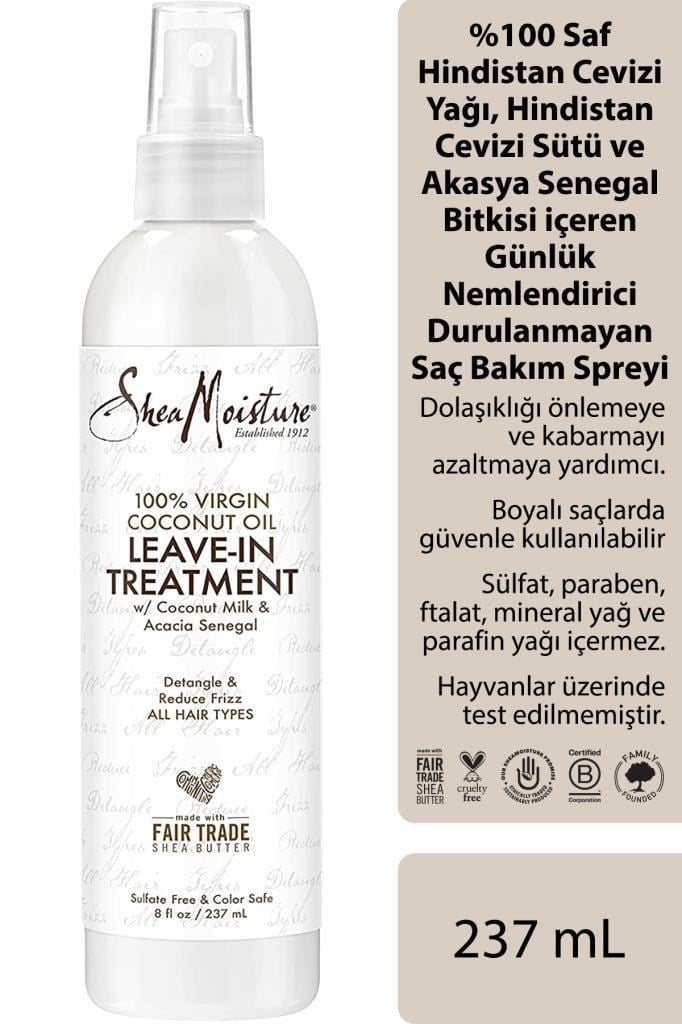 Shea Moisture %100 Saf Hindistan Cevizi Yağlı Günlük Nemlendirici Durulanmayan Saç Bakım Spreyi 237ML