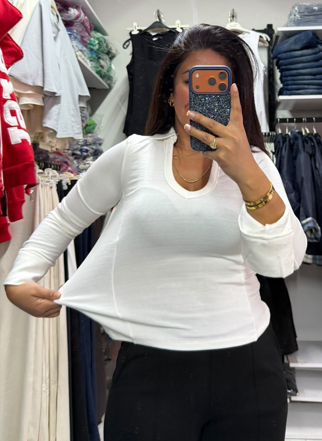 Ekru Beyaz Gömlek Yaka Likralı Body