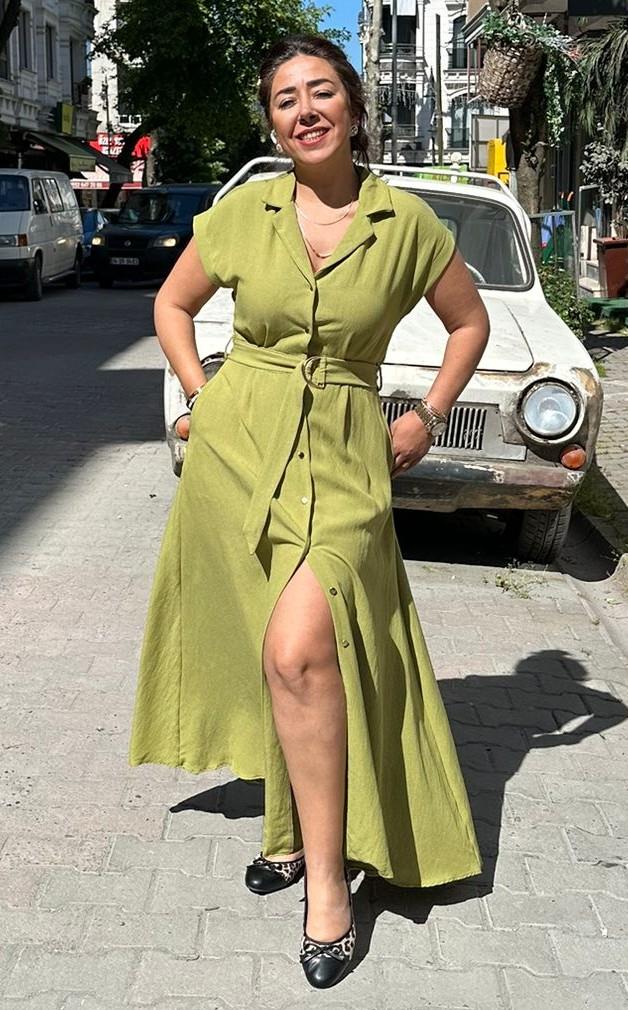 Keten Olive Elbise