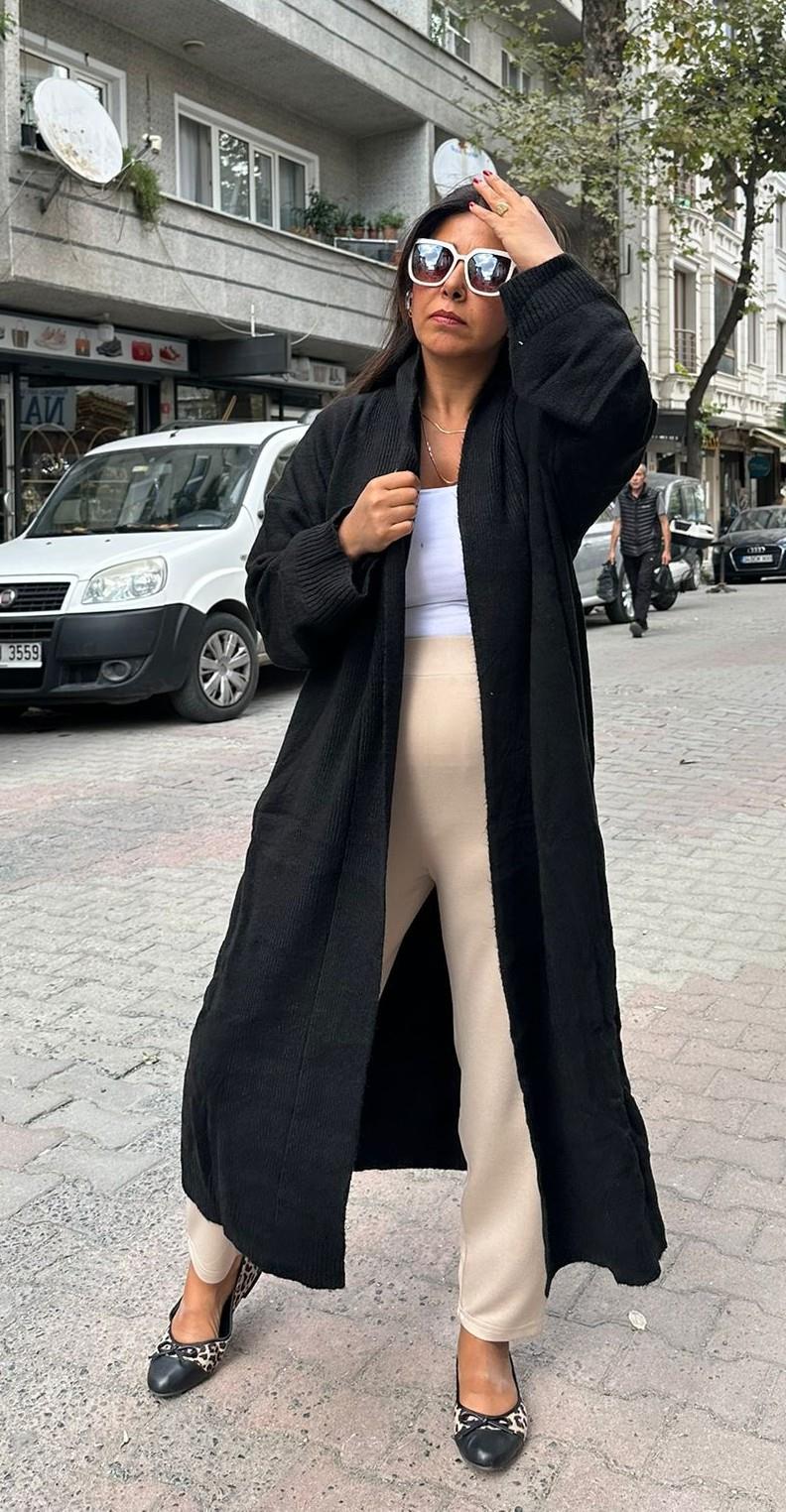 Yünlü Uzun Hırka Siyah