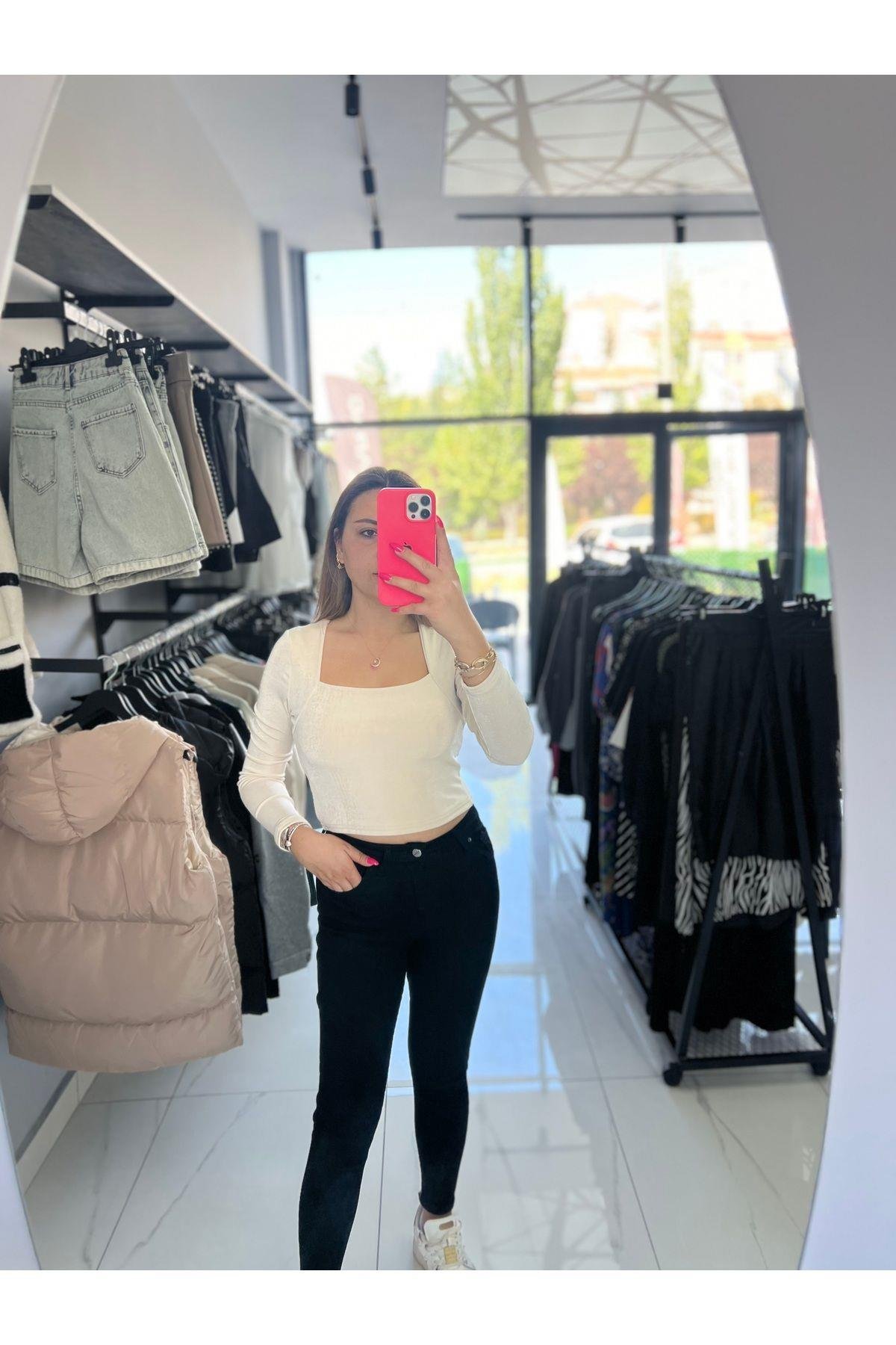 Bej Renk Kare Yaka Basic Buzzy Bluz