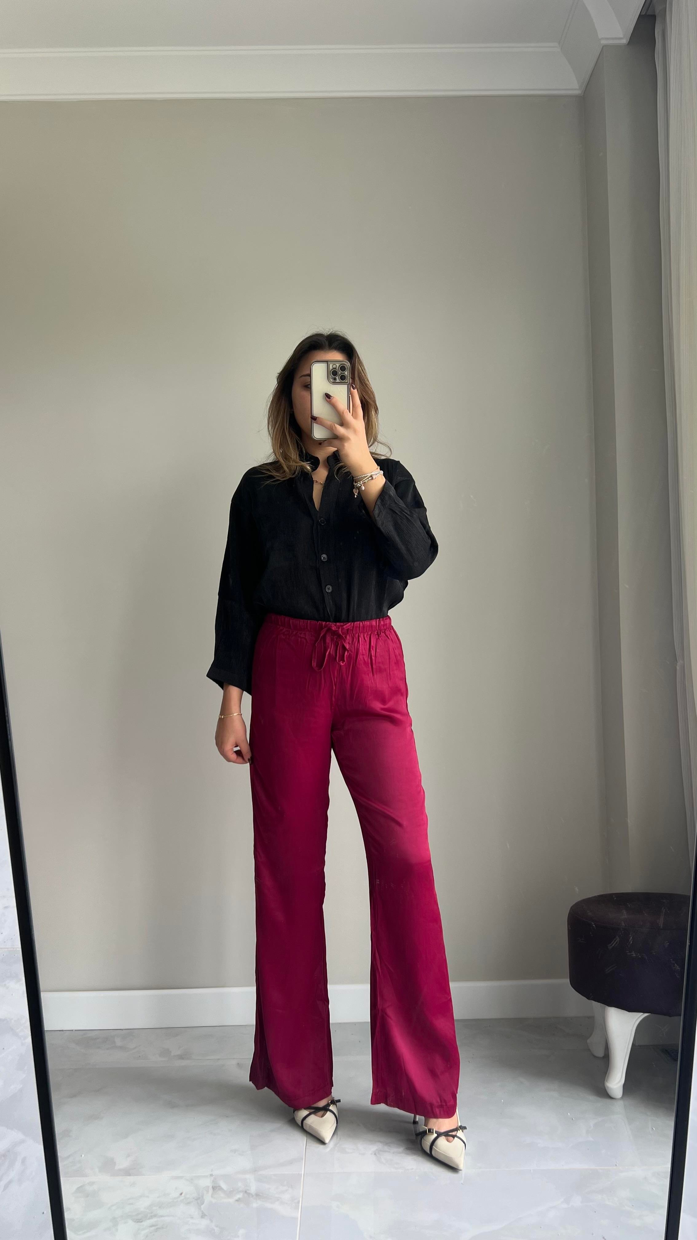 Bordo Saten Pantolon 