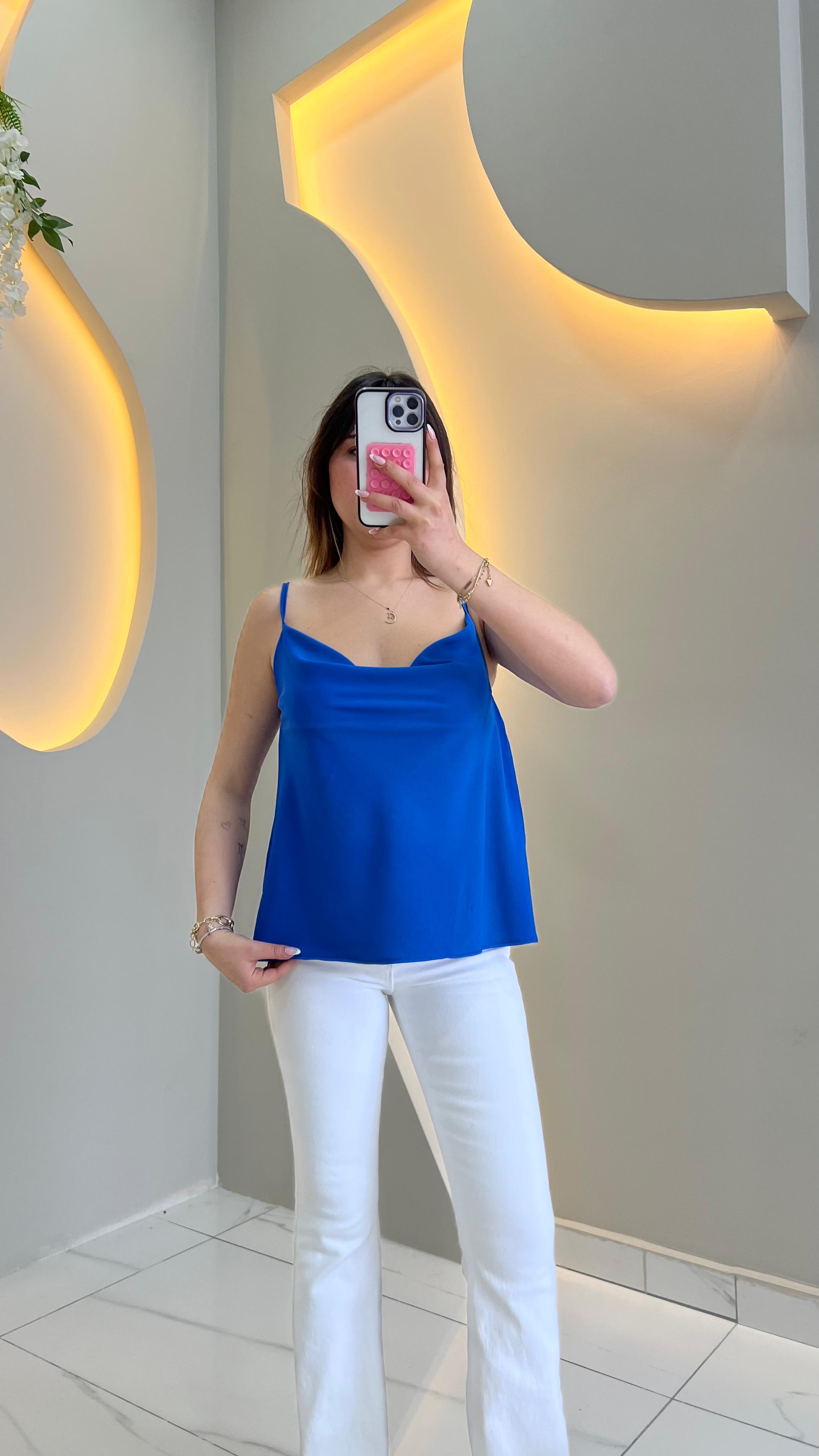 Saks Mavi Askılı Degaje Yaka Bluz