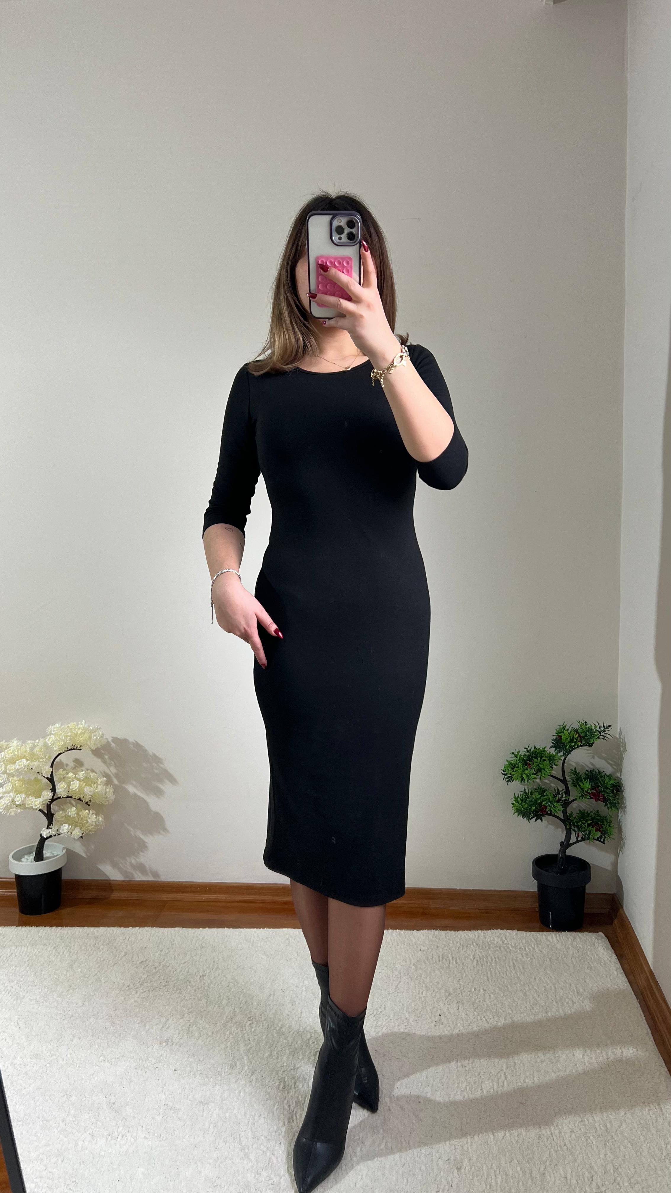 Siyah Midi Boy Elbise