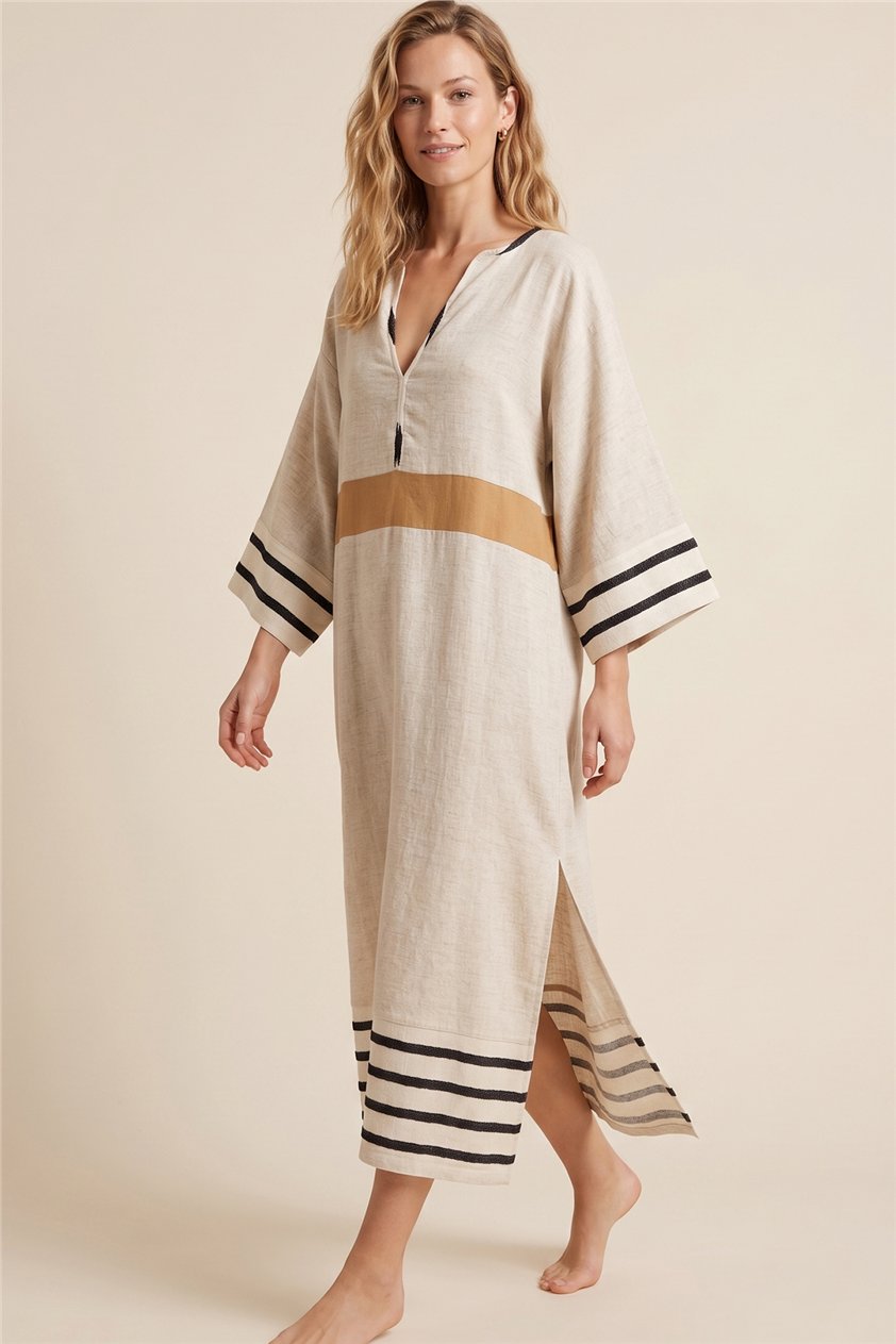 Lalamia Kadın Kenevir Keten Kaftan Ekru