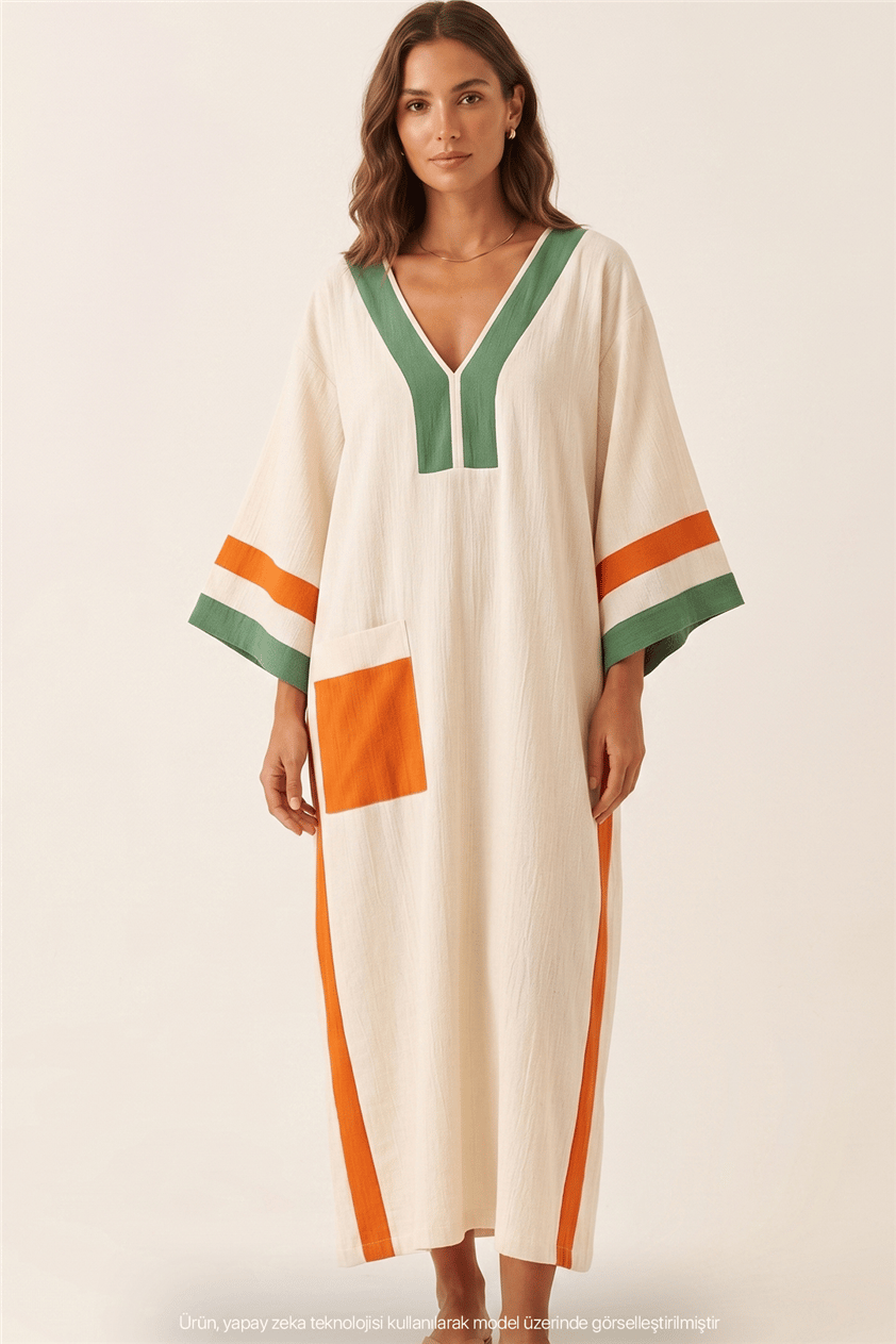 Lalamia Kadın Pamuk Keten Kaftan Ekru