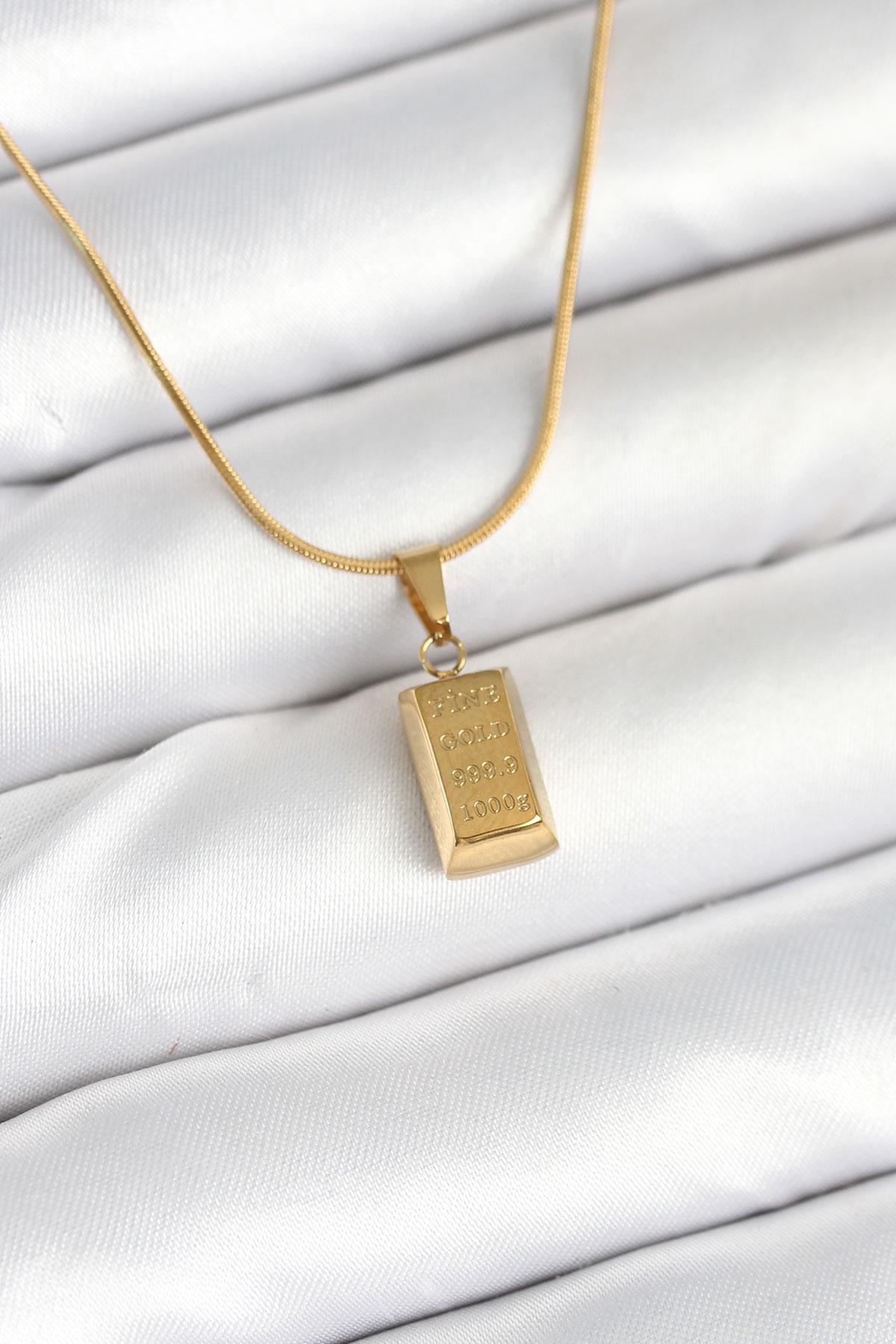316L Çelik Gold Renk Mini Külçe Altın Model Kolye