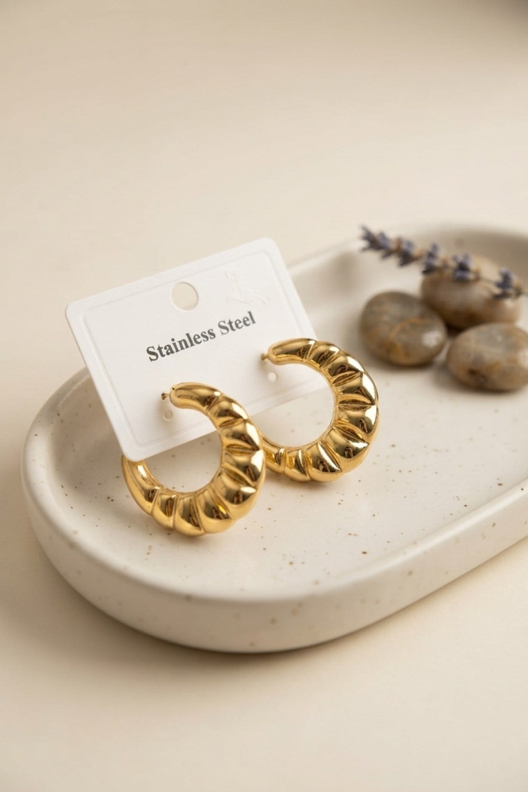 316L Çelik Gold Renk Retro Model Kalın Gövdeli Küpe
